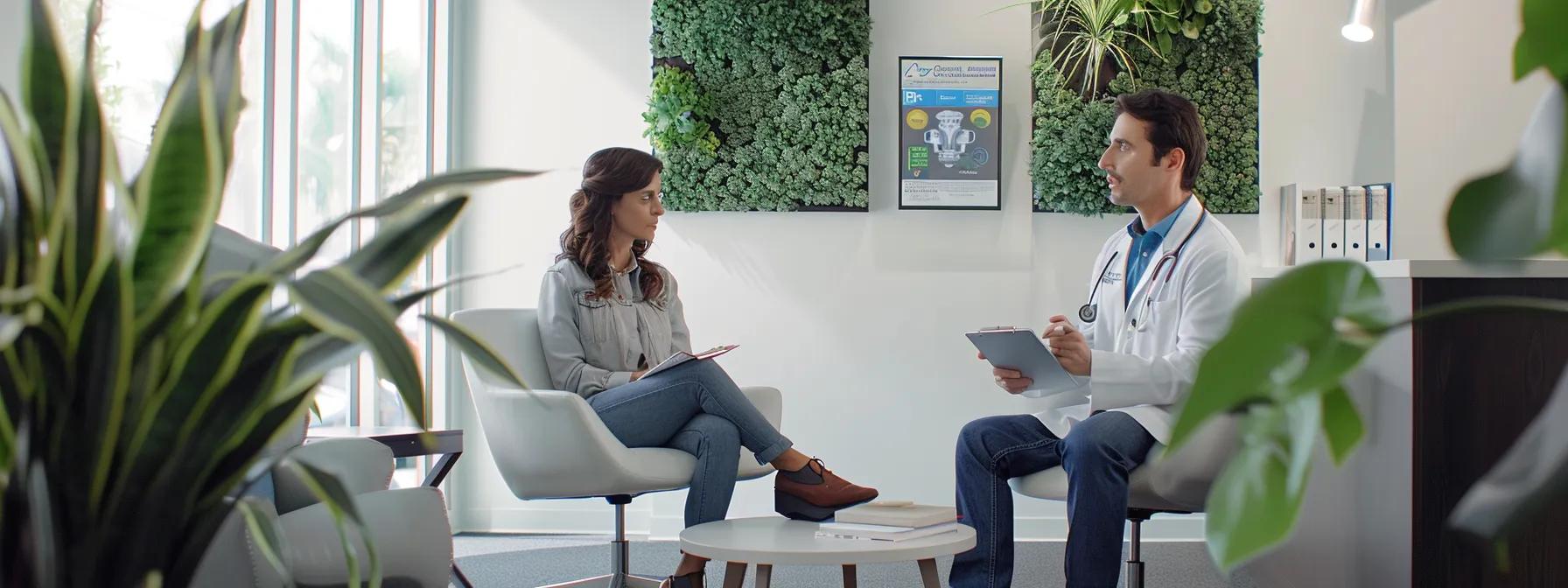 a modern healthcare office features a thoughtful consultation between a healthcare professional and a patient, with a digital tablet showcasing a personalized weight loss plan, emphasizing the integration of semaglutide treatment and lifestyle changes in a sleek, professional setting.