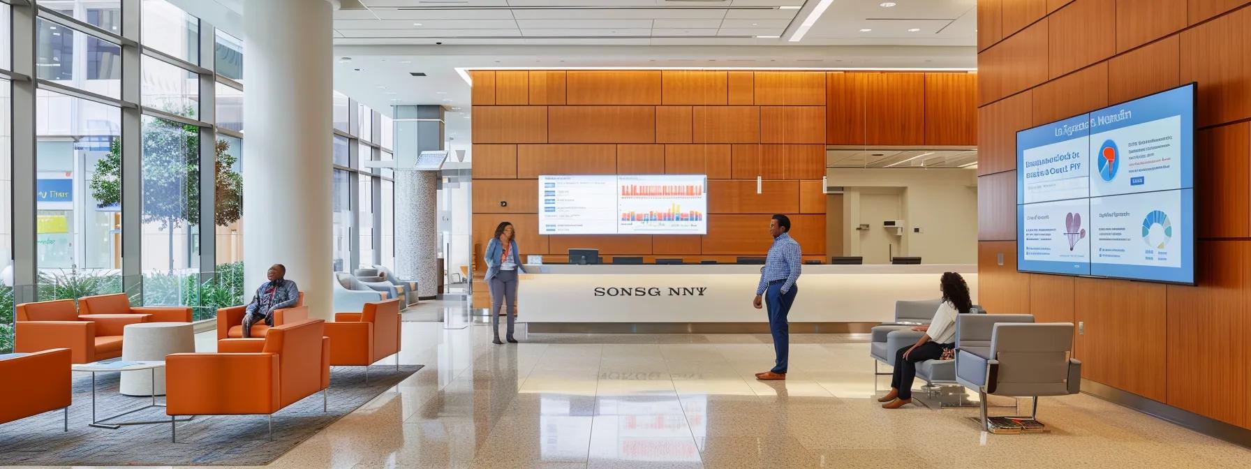 a modern, well-lit healthcare office featuring a confident individual discussing health metrics with a doctor, surrounded by charts and digital displays illustrating the long-term benefits of semaglutide.