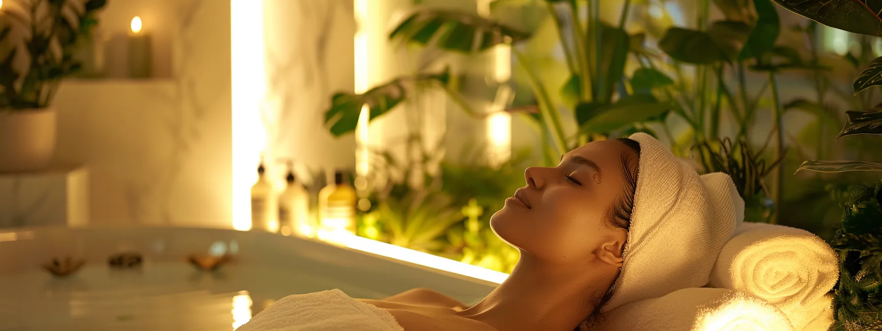 a serene spa environment showcases a glowing female face illuminated by soft, natural light, surrounded by calming elements like herbal plants and gentle skincare products, symbolizing the journey to radiant skin through holistic treatments and self-care.