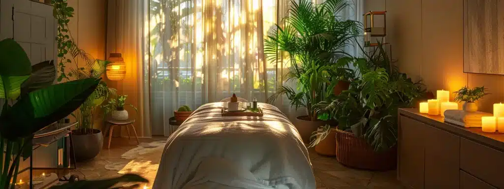 a serene spa room filled with soft candlelight, lush green plants, and a peaceful atmosphere, showcasing a relaxing organic facial treatment in scottsdale.