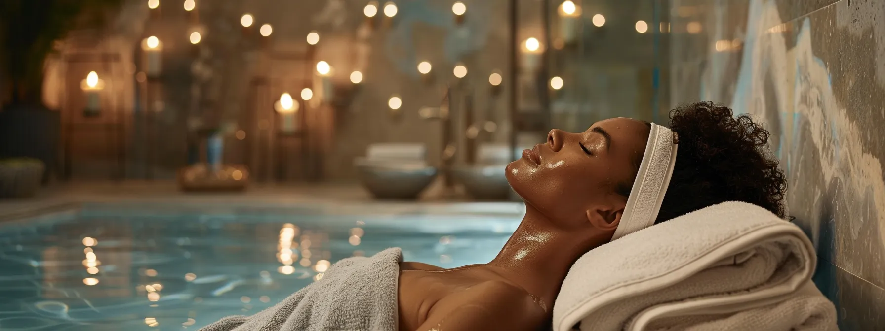 a serene spa setting featuring a glowing client relaxing post-o2 lift facial, surrounded by soft ambient lighting and elegant decor that emphasizes rejuvenation and tranquility.