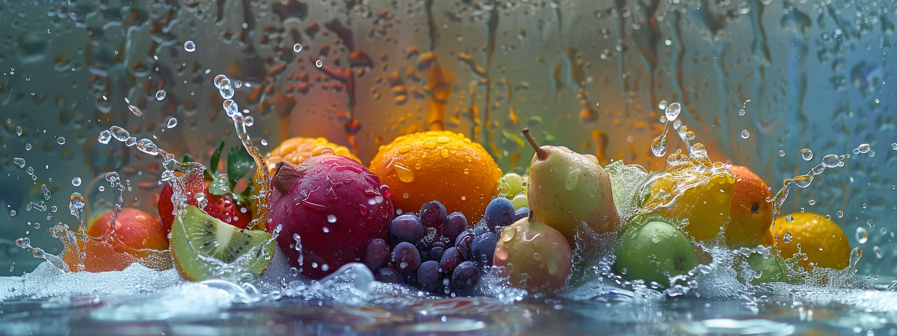 a vibrant, fresh arrangement of colorful fruits and vegetables, surrounded by glistening water droplets, showcases the essence of nutrition and hydration essential for achieving a radiant post-facial glow.