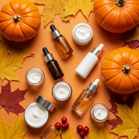 Autumn skincare products with pumpkins and fall leaves for Halloween glow