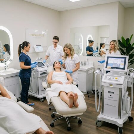 Diverse patients receiving non-invasive aesthetic treatments in a modern clinic, showcasing comfort and professionalism