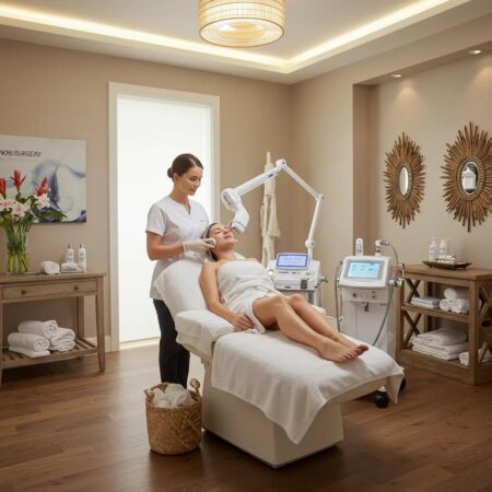 Woman receiving non-surgical skin tightening treatment in a tranquil spa environment